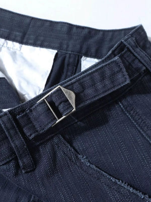 Blue casual cargo pants with button closure and adjustable buckle detail.