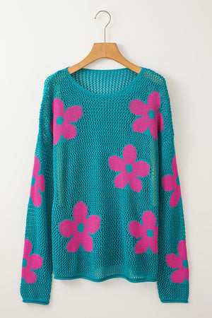 Openwork floral intarsia sweater in teal with pink flowers, acrylic knit, crew neck, long sleeves.
