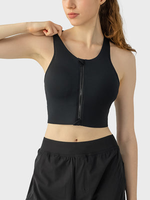 Black zip-front racerback sports bra with a cropped fit