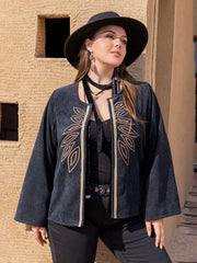 Dark navy corduroy open-front jacket with leaf embroidery and gold trim