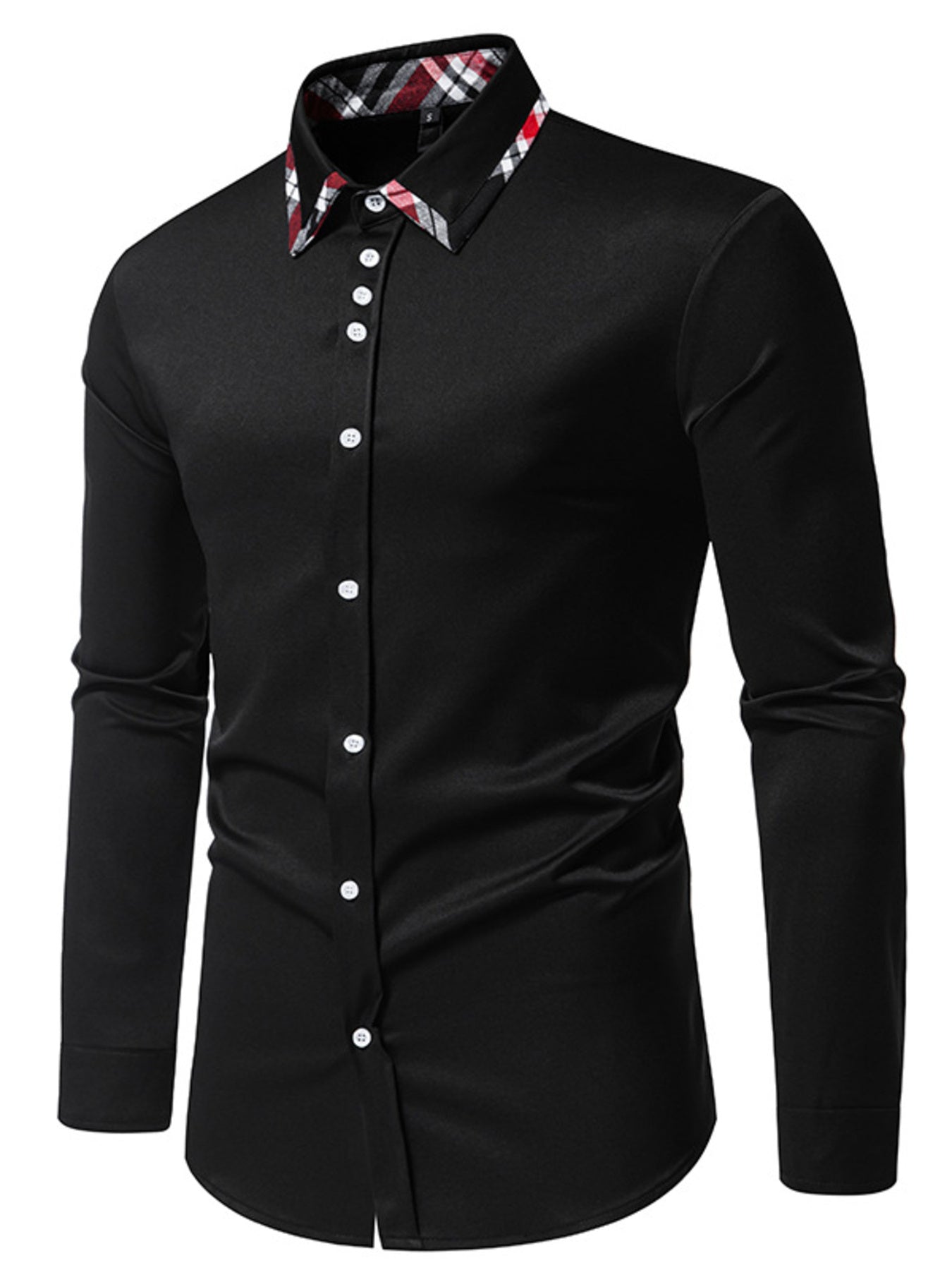 Men's black slim fit dress shirt with plaid collar detail and white buttons