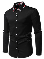 Men's black slim fit dress shirt with plaid collar detail and white buttons
