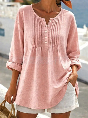 Casual Button Detail Long Sleeve Linen Shirt in Yellow, alternate angle