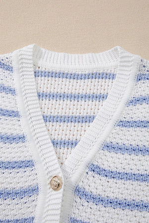Light blue and white striped knit vest with V-neck and button detail.