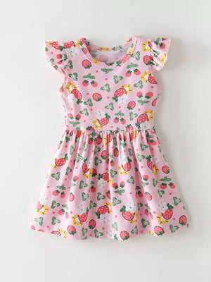 Children's Strawberry Print Ruffle Sleeve Dress, side view