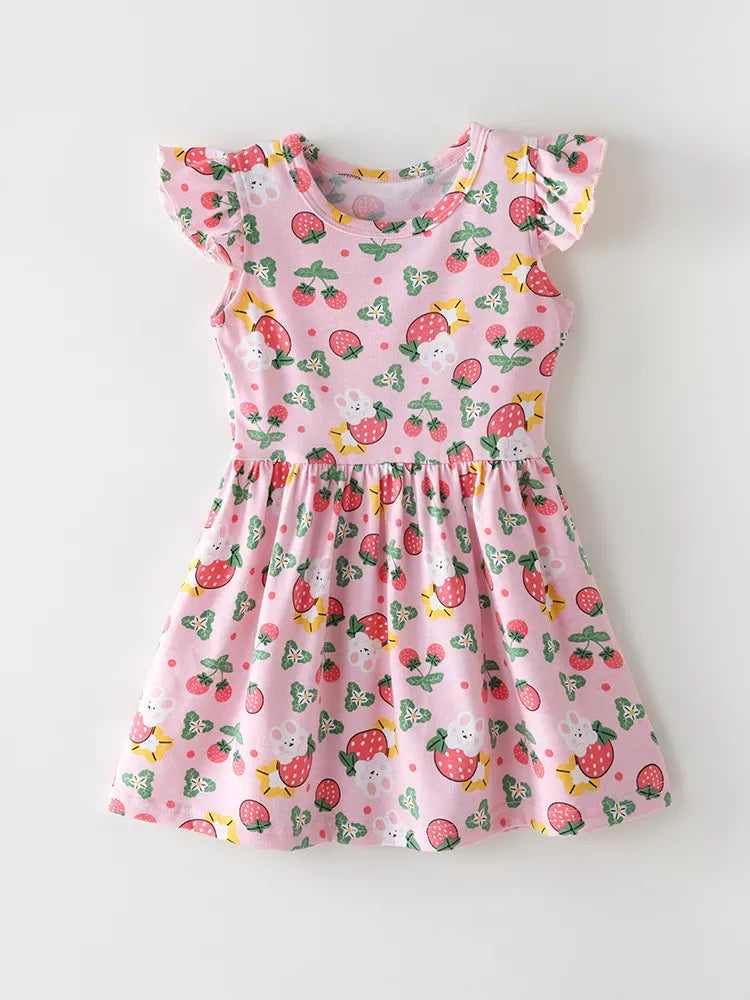 Children's Strawberry Print Ruffle Sleeve Dress, side view