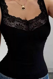 Black lace-embellished fitted tank top with floral lace trim and a scoop neckline.