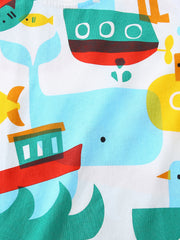 White cotton toddler t-shirt with a colorful marine print featuring whales, boats, and fish.