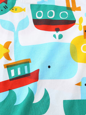White cotton toddler t-shirt with a colorful marine print featuring whales, boats, and fish.