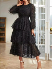 Black tiered midi dress with balloon sleeves and textured fabric.