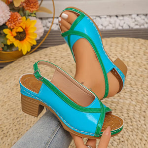 Blue and green open-toe block heel sandals with adjustable strap and contrast stitching.