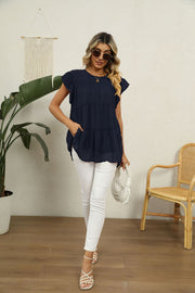 Dark Navy Swiss Dot Flutter Sleeve Blouse with tiered ruffle hem and pockets