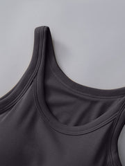 Dark gray ribbed knit tank top with built-in bra and scoop neckline.
