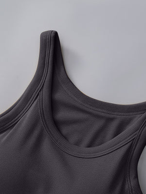 Dark gray ribbed knit tank top with built-in bra and scoop neckline.