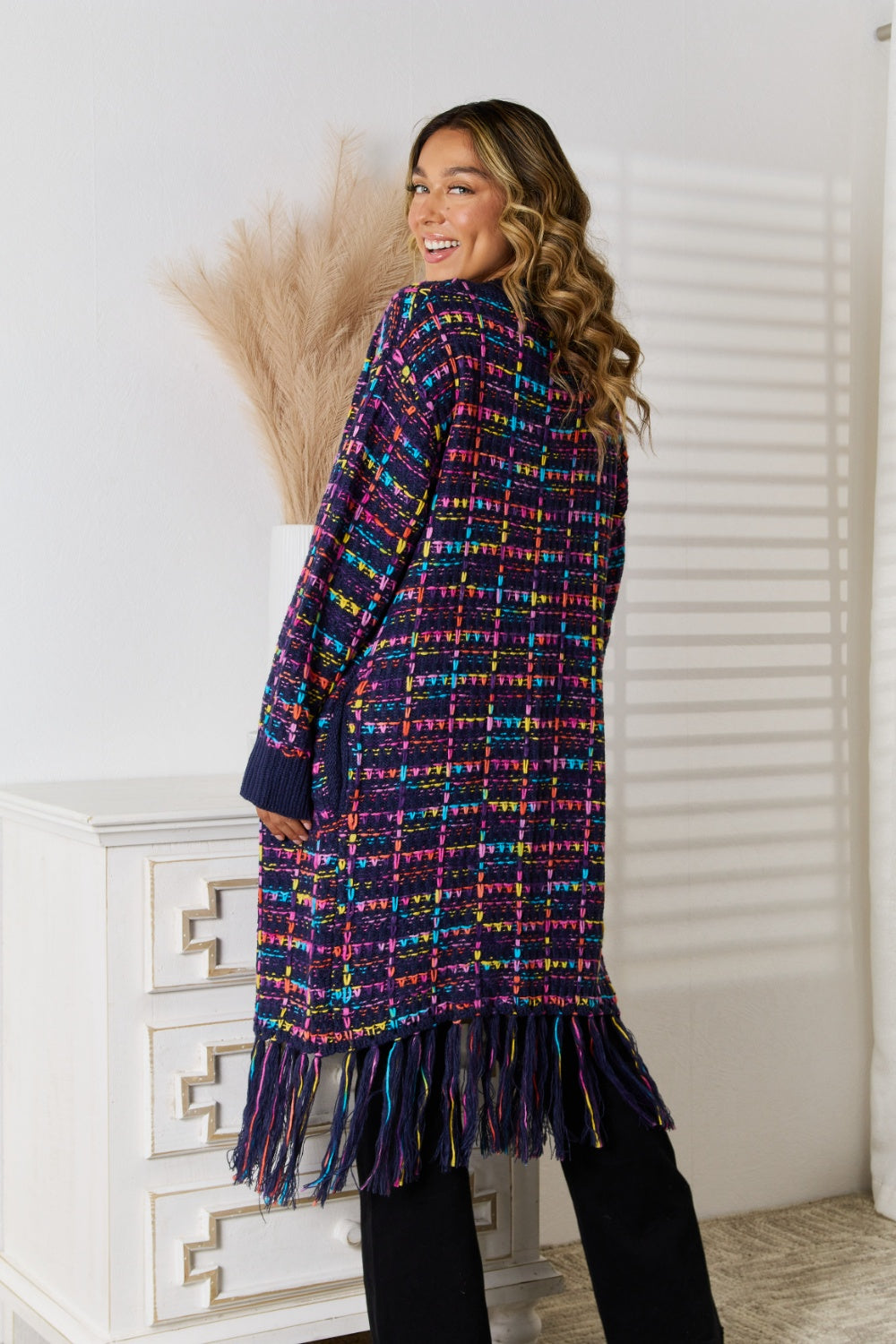 Multicolor textured bouclé maxi cardigan with fringe hem and long sleeves.
