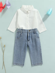 Toddler white cotton button-up shirt and light wash denim jeans set.