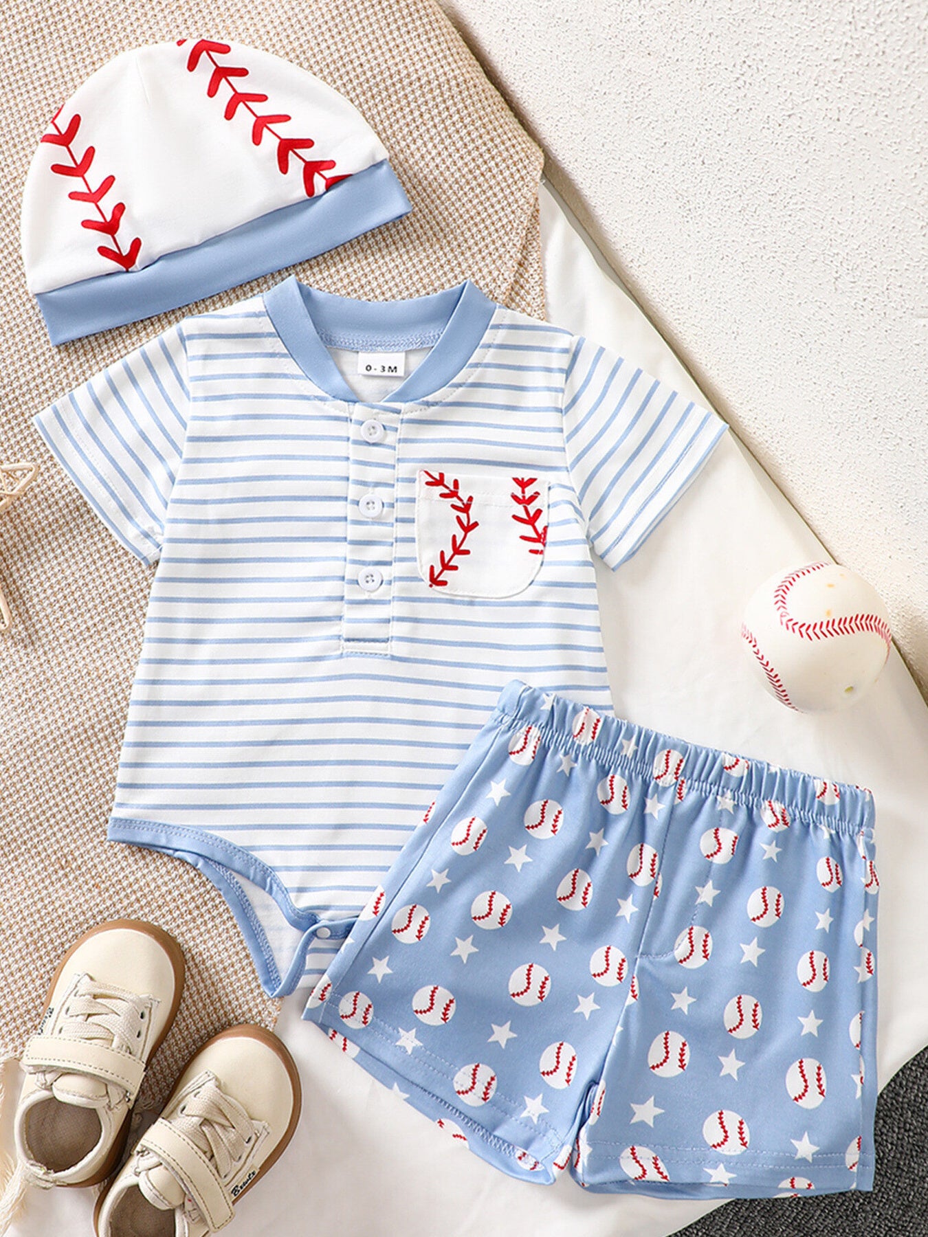 Baby bodysuit and shorts set with baseball theme, blue stripes, baseball print, and matching hat.