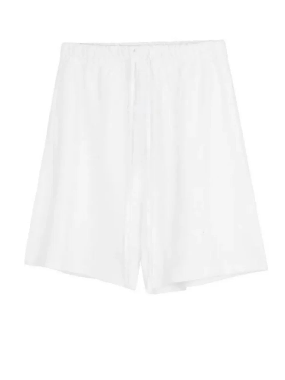 White jogger shorts with drawstring waist and relaxed fit.