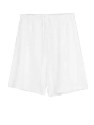 White jogger shorts with drawstring waist and relaxed fit.