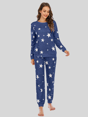 Peacock Blue star print loungewear set with crew neck top and long sleeves.