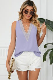 Lavender lace-trimmed V-neck tank top with a relaxed fit.
