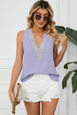 Lavender lace-trimmed V-neck tank top with a relaxed fit.