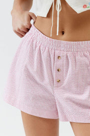 Pink seersucker boxer shorts with button fly and elastic waistband