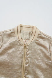 Metallic bomber jacket in tan with ribbed collar and zip closure