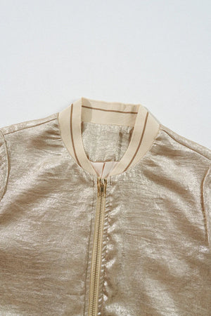 Metallic bomber jacket in tan with ribbed collar and zip closure