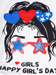 White cotton graphic t-shirt with patriotic hearts and star sunglasses.