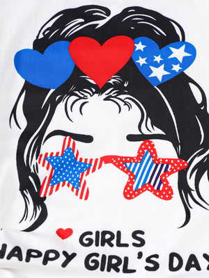 White cotton graphic t-shirt with patriotic hearts and star sunglasses.