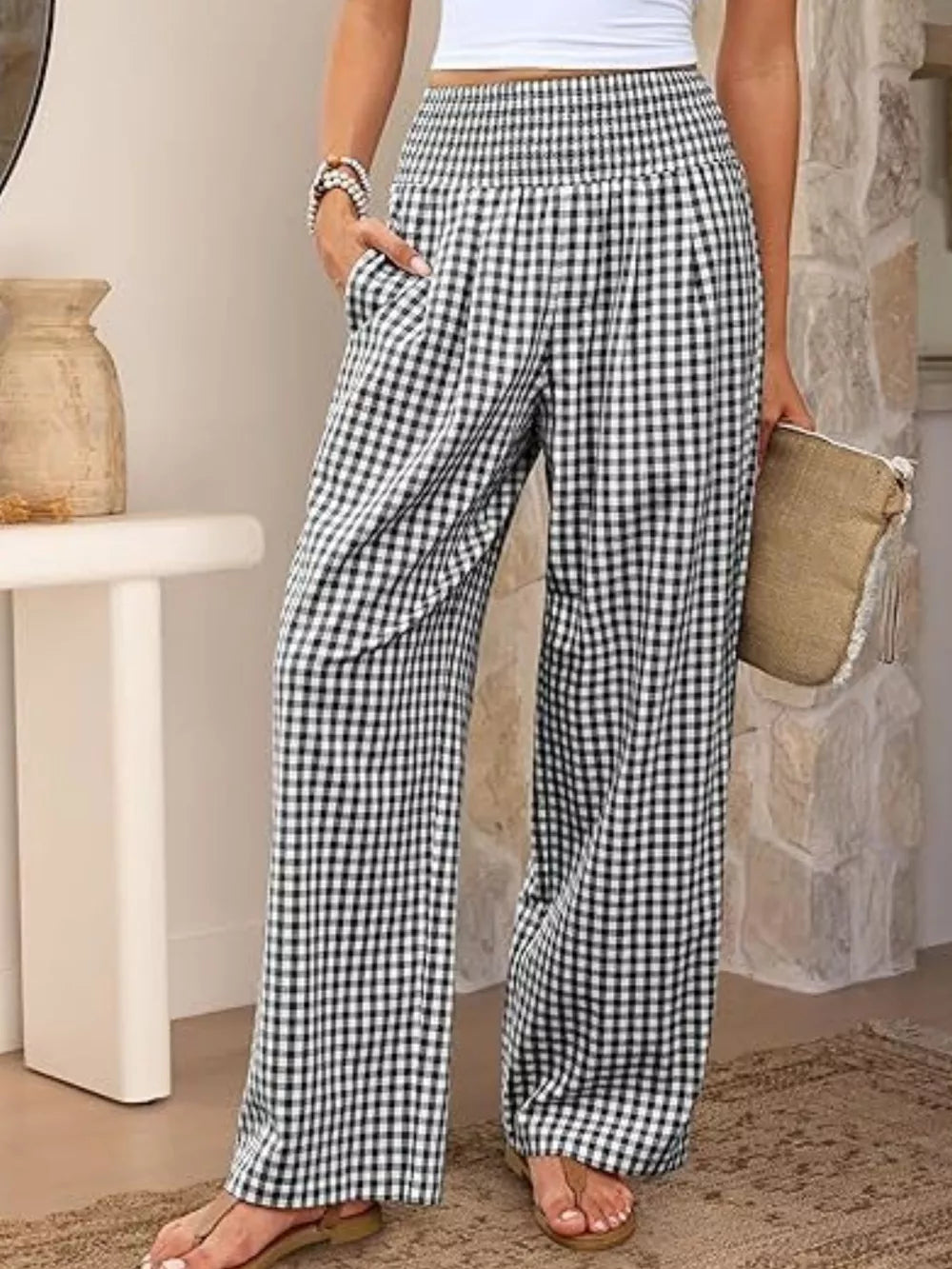 Gingham wide-leg maternity pants in Black Plaid with smocked waistband and pockets.