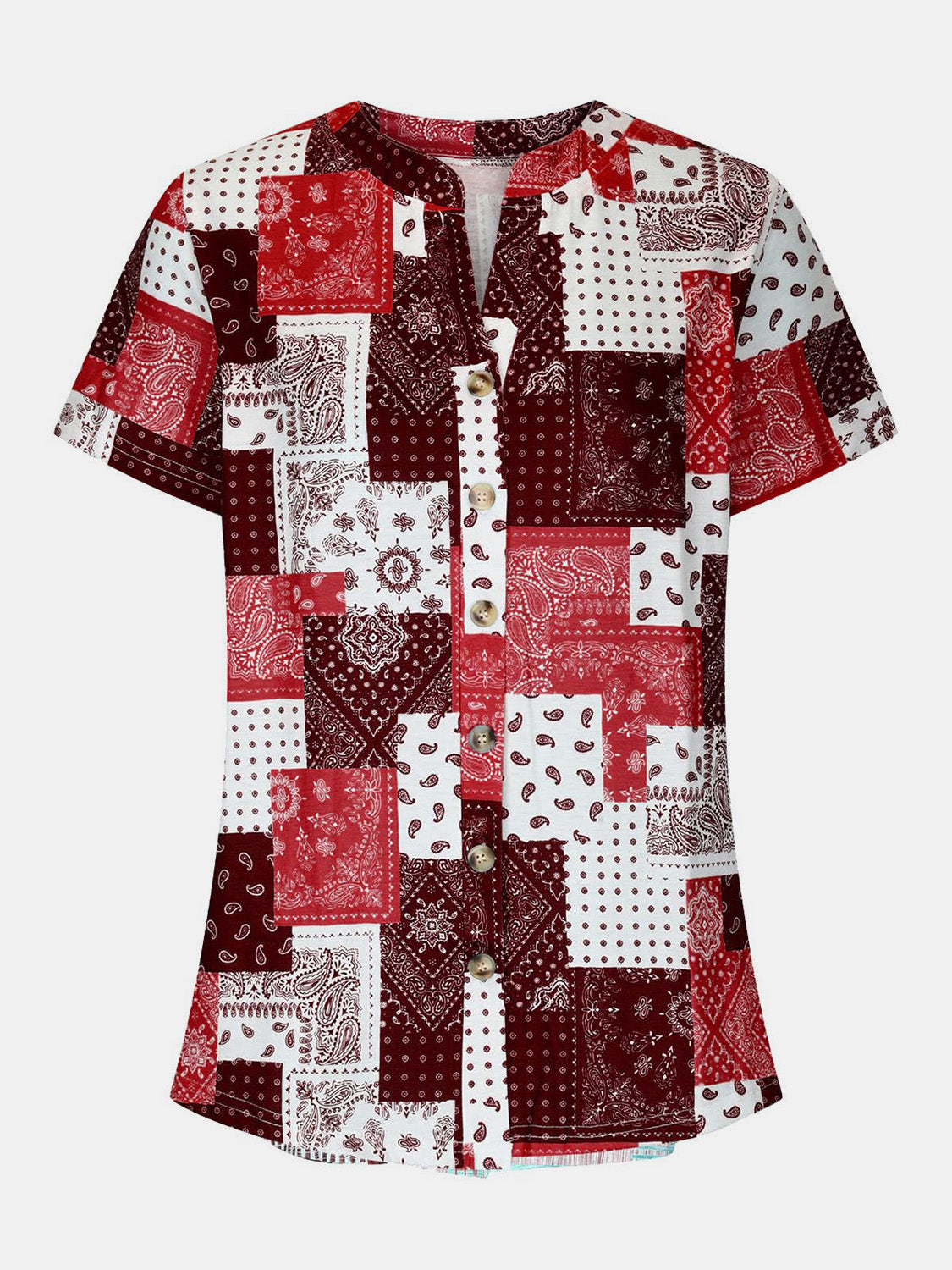 Bandana patchwork henley blouse with button front and short sleeves in red and white.