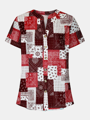 Bandana patchwork henley blouse with button front and short sleeves in red and white.