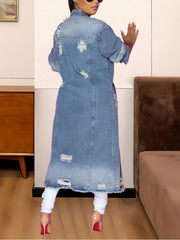 Light wash distressed denim duster coat with a long length and casual cut.