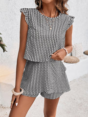Black houndstooth co-ord set with ruffle sleeve top and shorts