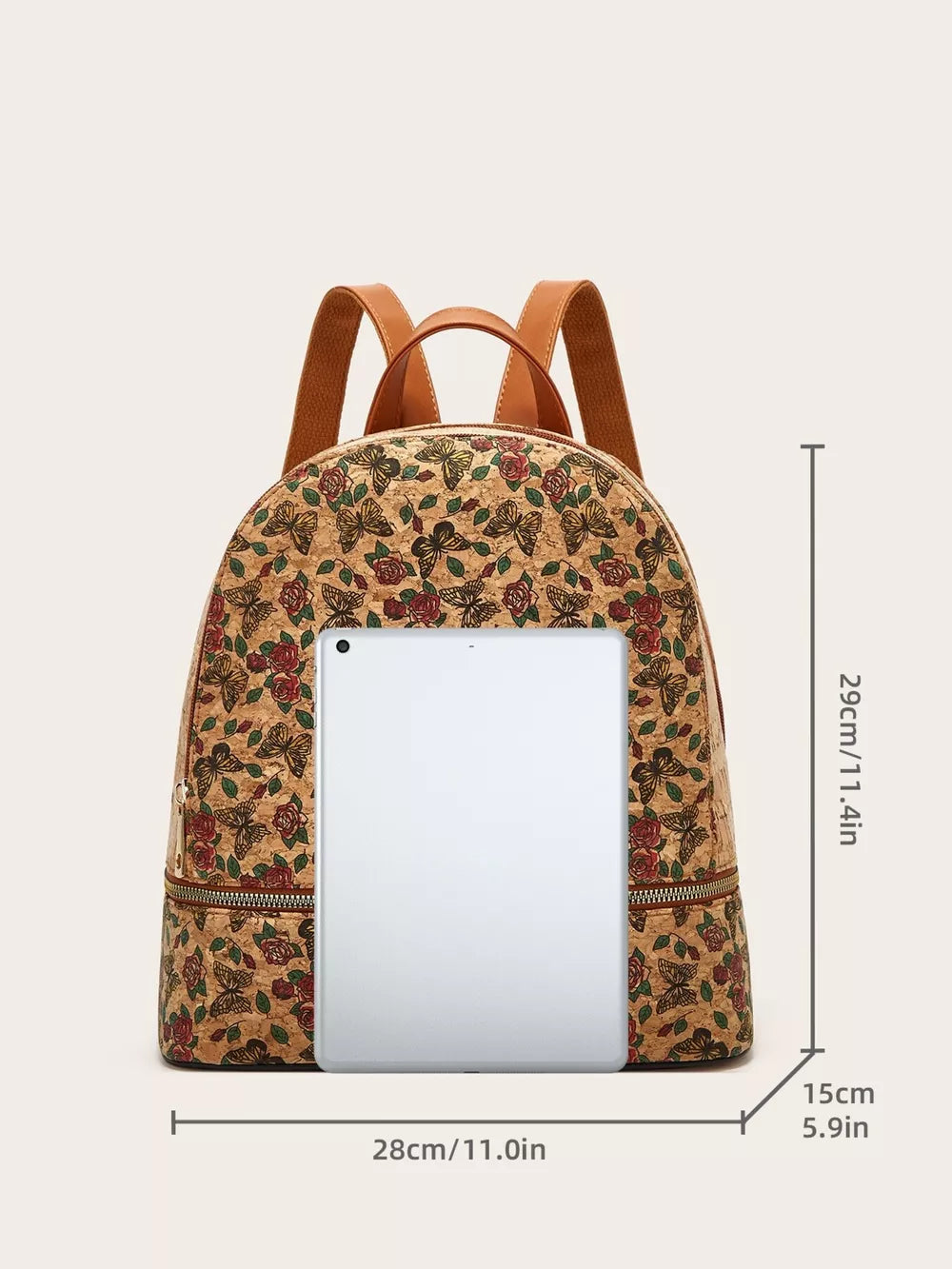 Rose and butterfly print medium backpack with adjustable straps and camel leather accents.
