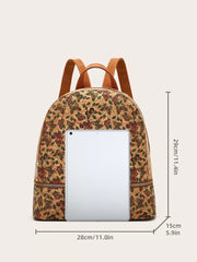 Rose and butterfly print medium backpack with adjustable straps and camel leather accents.