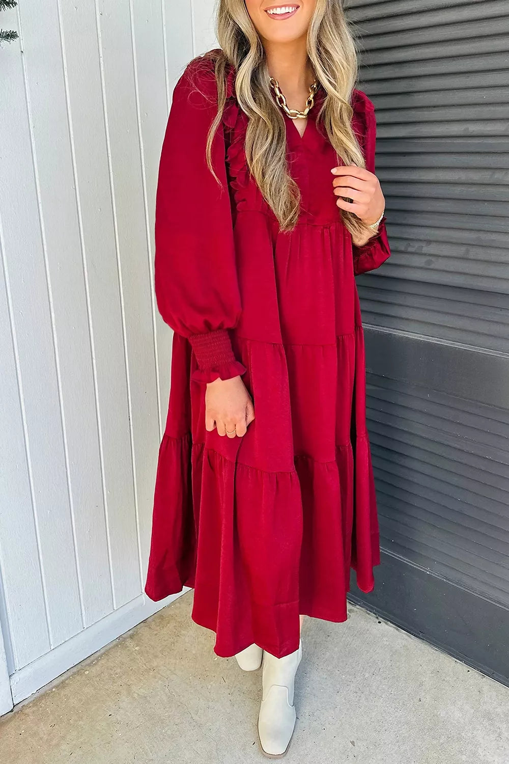 Solid Color Ruffle Trim Tiered Midi Dress, back view