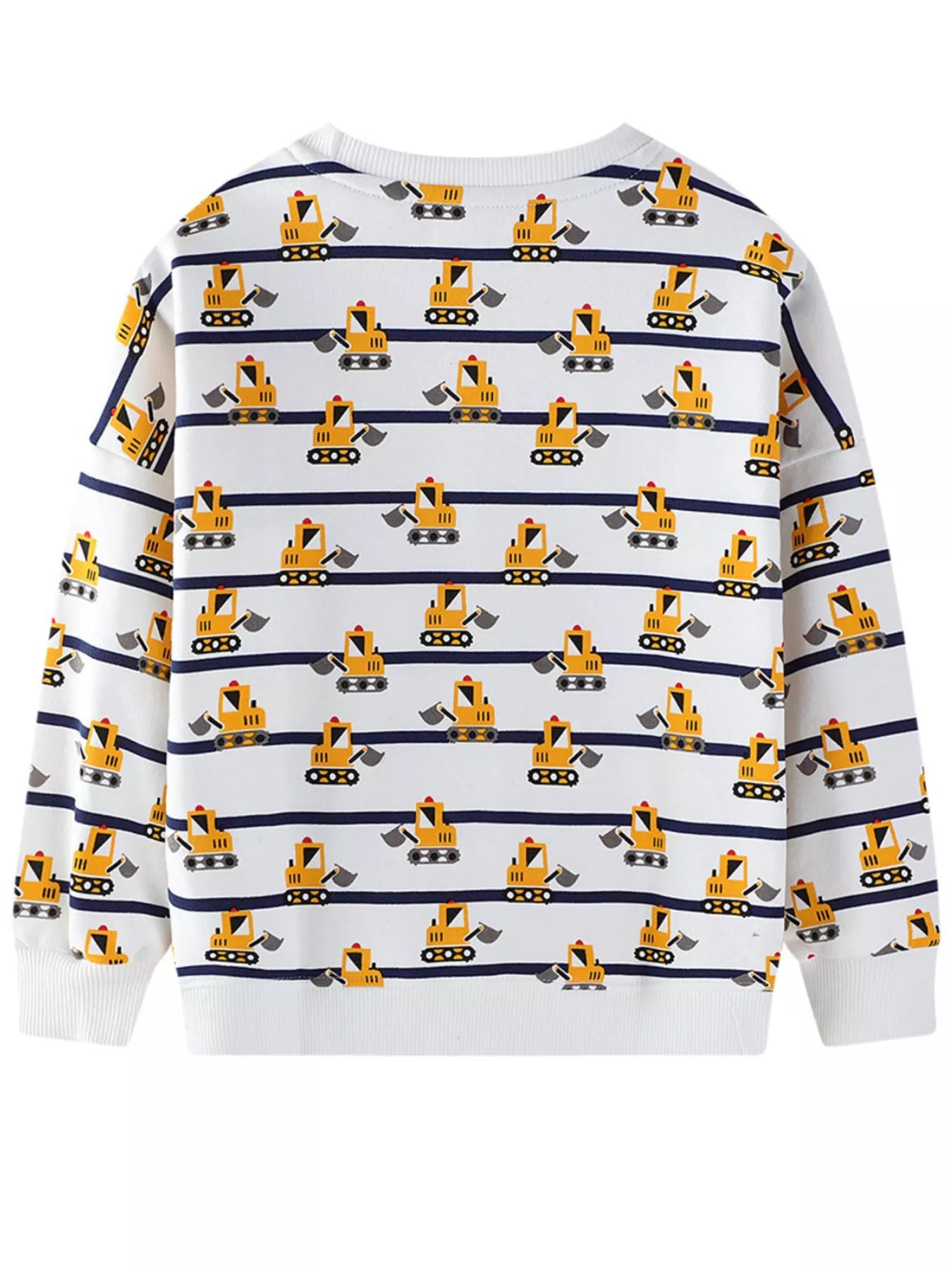 Baby sweatshirt in ivory with excavator print and navy stripes, crew neck, long sleeves.