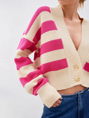 Cropped pink and cream stripe knit cardigan with button front and V-neck