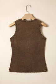 Brown ribbed Henley snap tank top with raw hem detail.