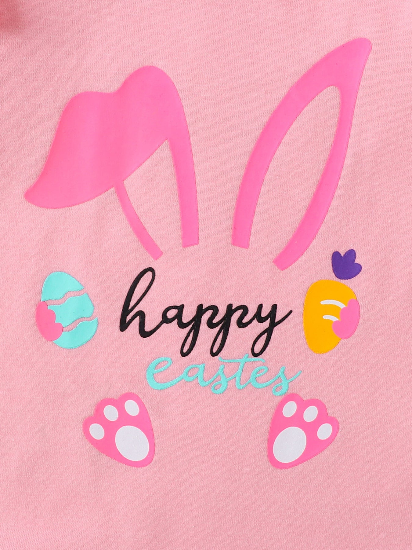 Pink baby set with bunny ears, happy easter text, eggs, carrot and paw prints.