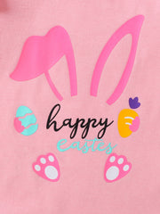 Pink baby set with bunny ears, happy easter text, eggs, carrot and paw prints.