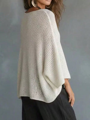 V-neck Batwing Sleeve Sweater in White, close-up detail