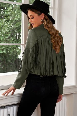 Sage green suede cropped jacket with fringe detail and long sleeves.