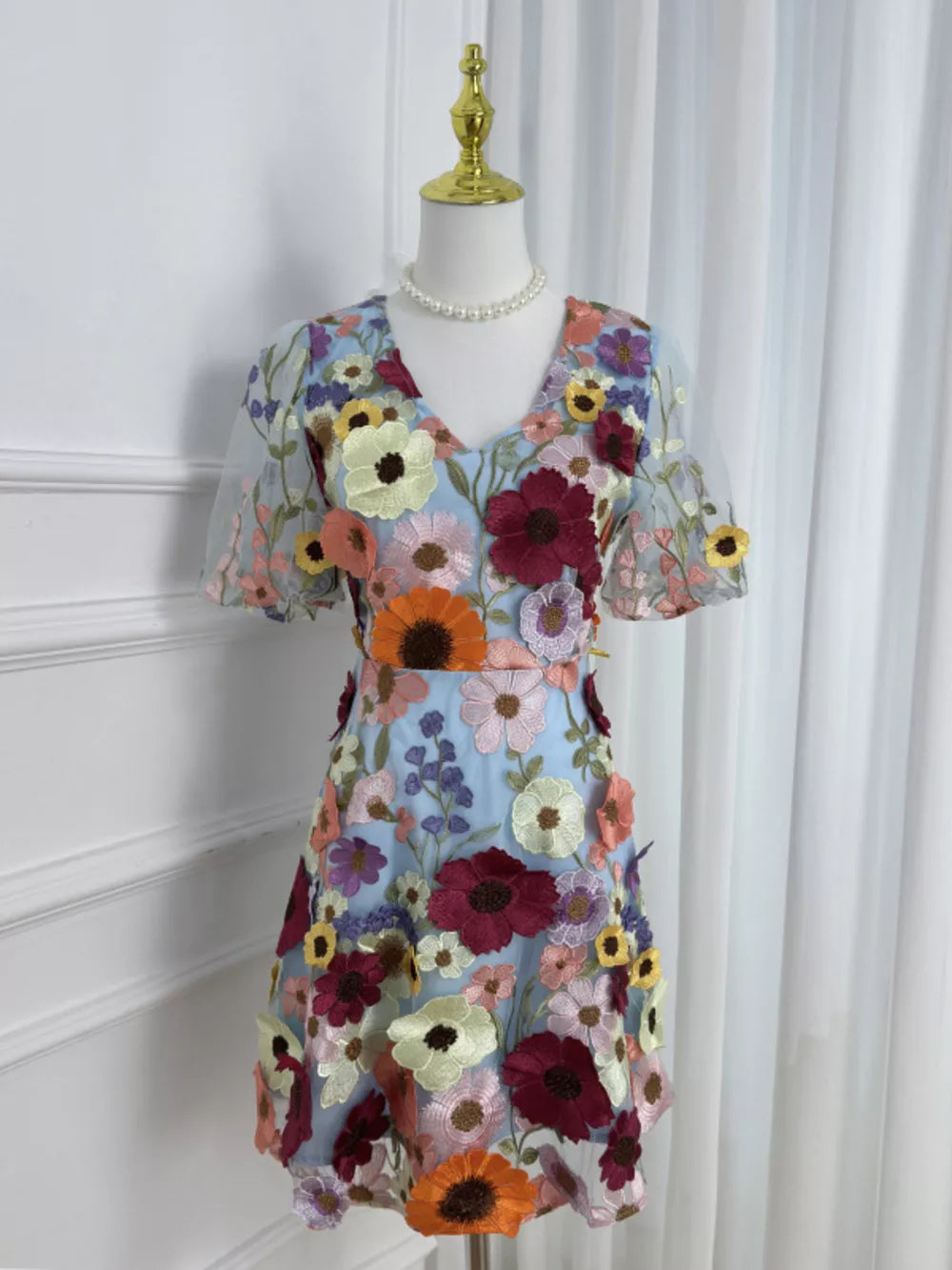 Floral Embroidery V-neck Mini Dress