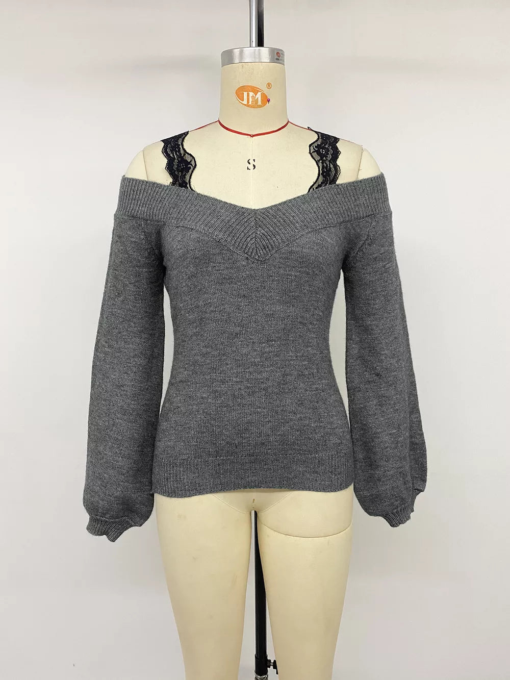 Off-shoulder Lace Trim Sweater in Dark Gray, alternate angle