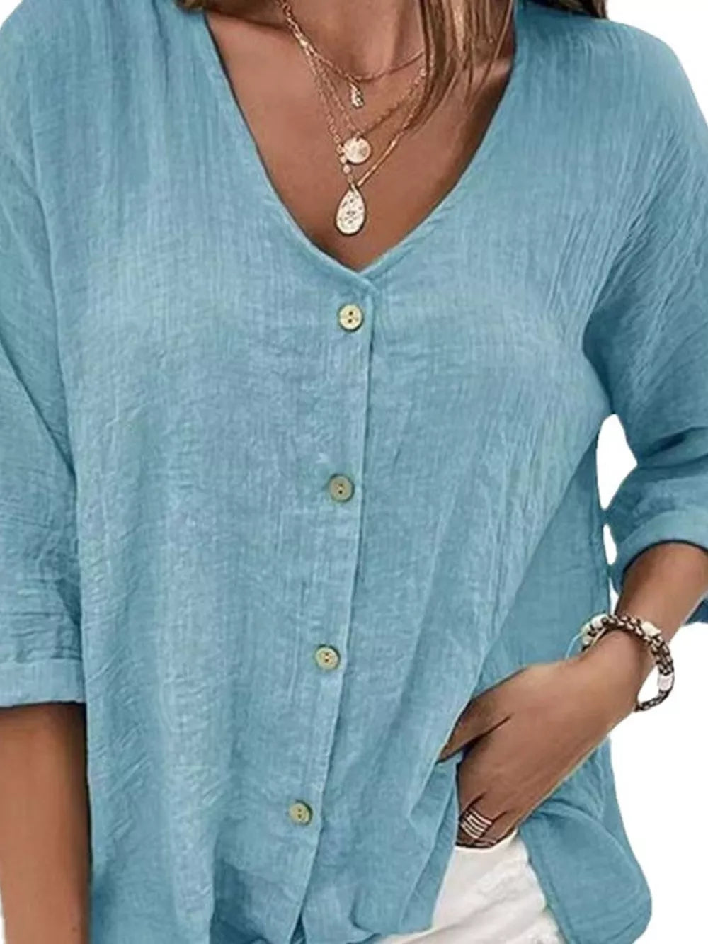 Full Size Casual V-neck Button-down Blouse in Blue, side view