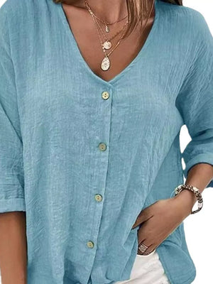 Full Size Casual V-neck Button-down Blouse in Blue, side view